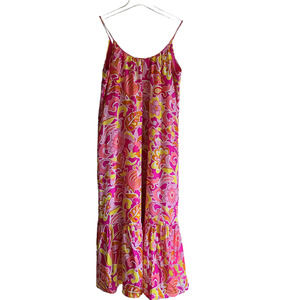 J. CREW 100% Silk Floral Maxi Dress Fuschia Yellow Scoop Neck AP222 Womens 4 NWT